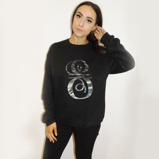 Personalised Monogram Holographic Silver Print Jumper In Black