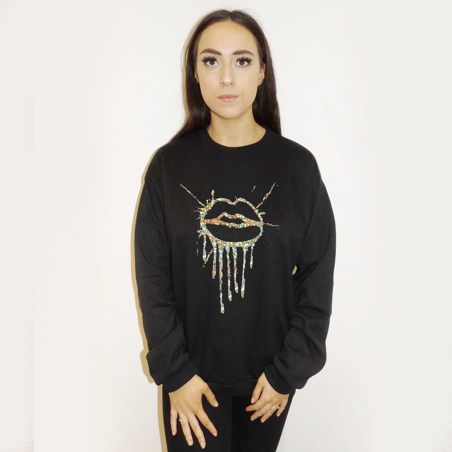 Gold Holographic Leopard Drip Splat Lip Jumper In Black