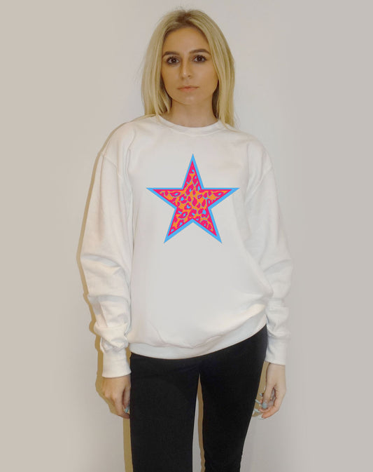 Black And Pink Leopard Star Sweatshirt In White