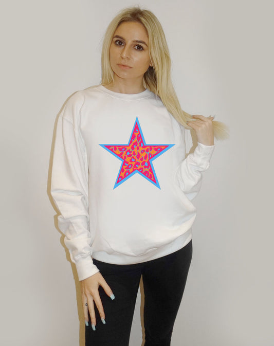 Black And Pink Leopard Star Sweatshirt In White