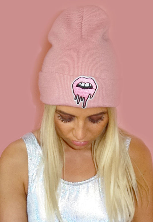 Pink Drip Lip Beanie Hat