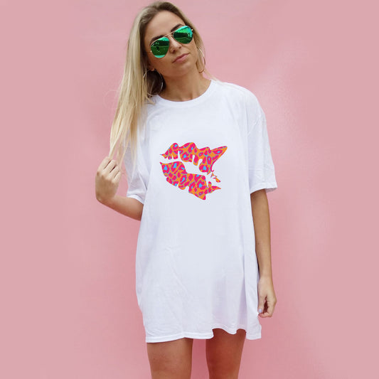 White Oversized T Shirt Dress With Orange Leopard Kiss Smudge Motif