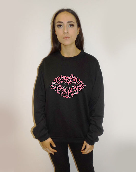 Pink and Rose Leopard Lip Motif Jumper In Black