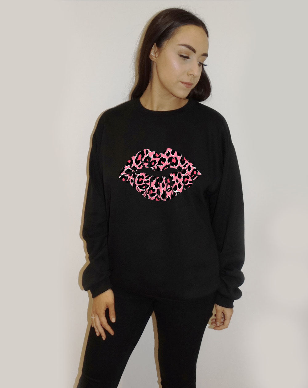 Pink and Rose Leopard Lip Motif Jumper In Black