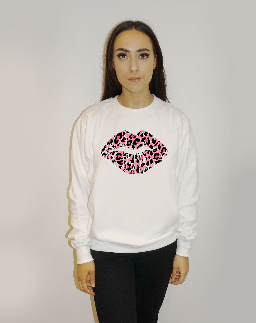 Pink and Rose Leopard Lip Motif Jumper In White