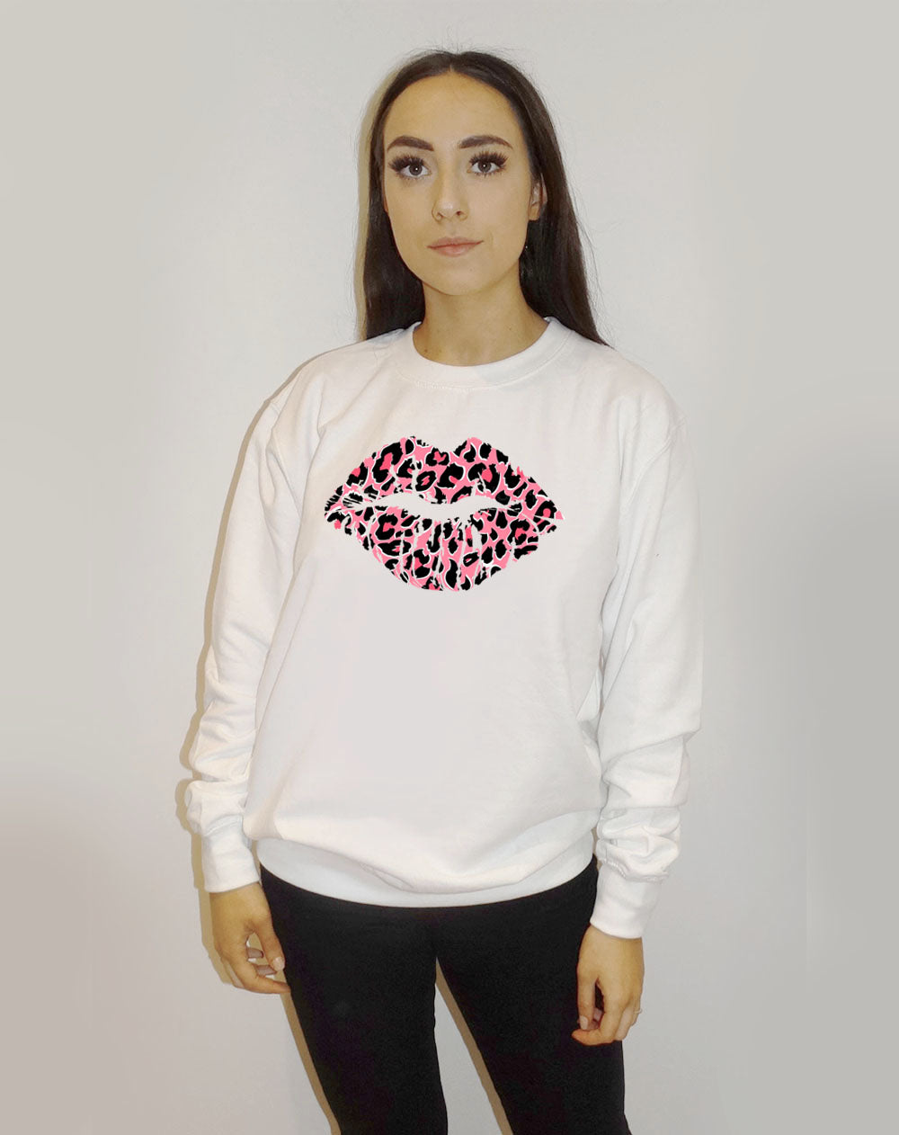 Pink and Rose Leopard Lip Motif Jumper In White