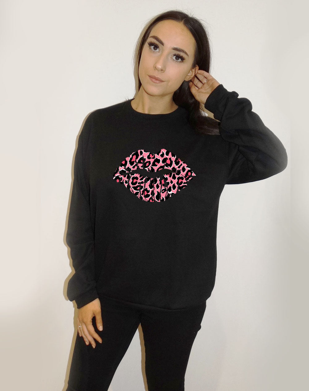 Pink and Rose Leopard Lip Motif Jumper In Black