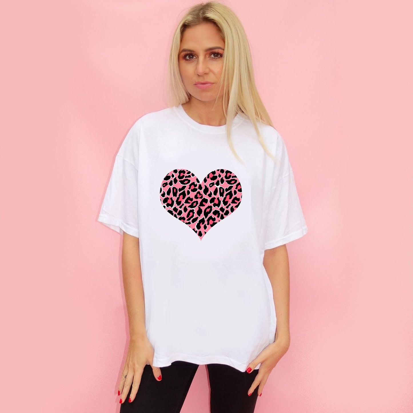 Pink And Rose Leopard Heart Print Tshirt In White