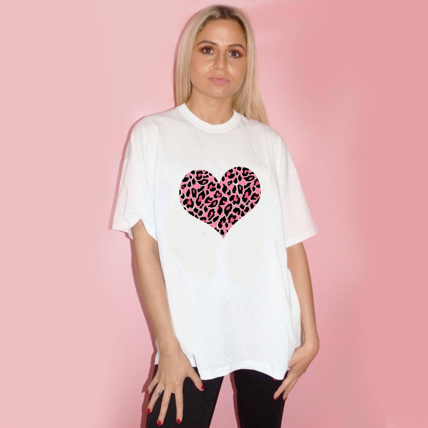 Pink And Rose Leopard Heart Print Tshirt In White