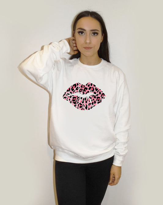 Pink and Rose Leopard Lip Motif Jumper In White