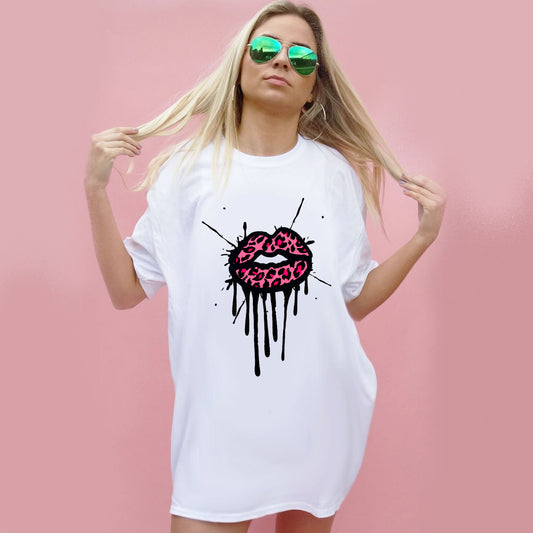 Pink and Rose Leopard Lip Drip Splat Print Tshirt In White