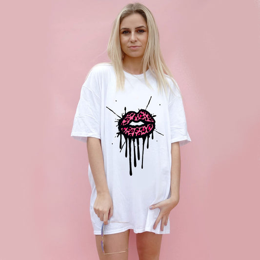 Pink and Rose Leopard Lip Drip Splat Print Tshirt In White