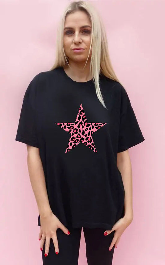 Pink Leopard Print Star Tshirt In Black