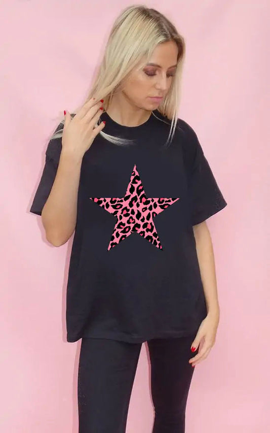 Pink Leopard Print Star Tshirt In Black