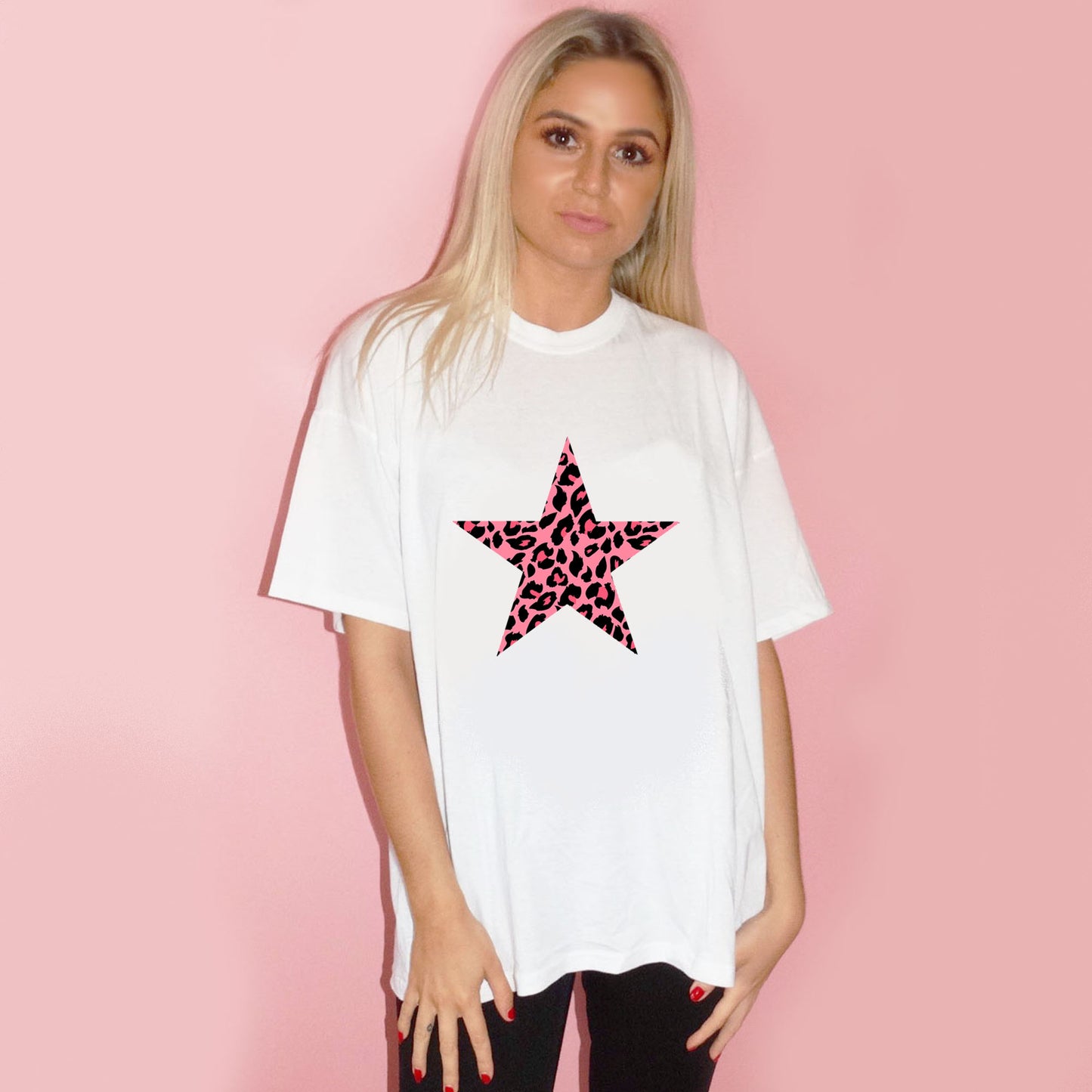 Pink Leopard Print Star Tshirt In White