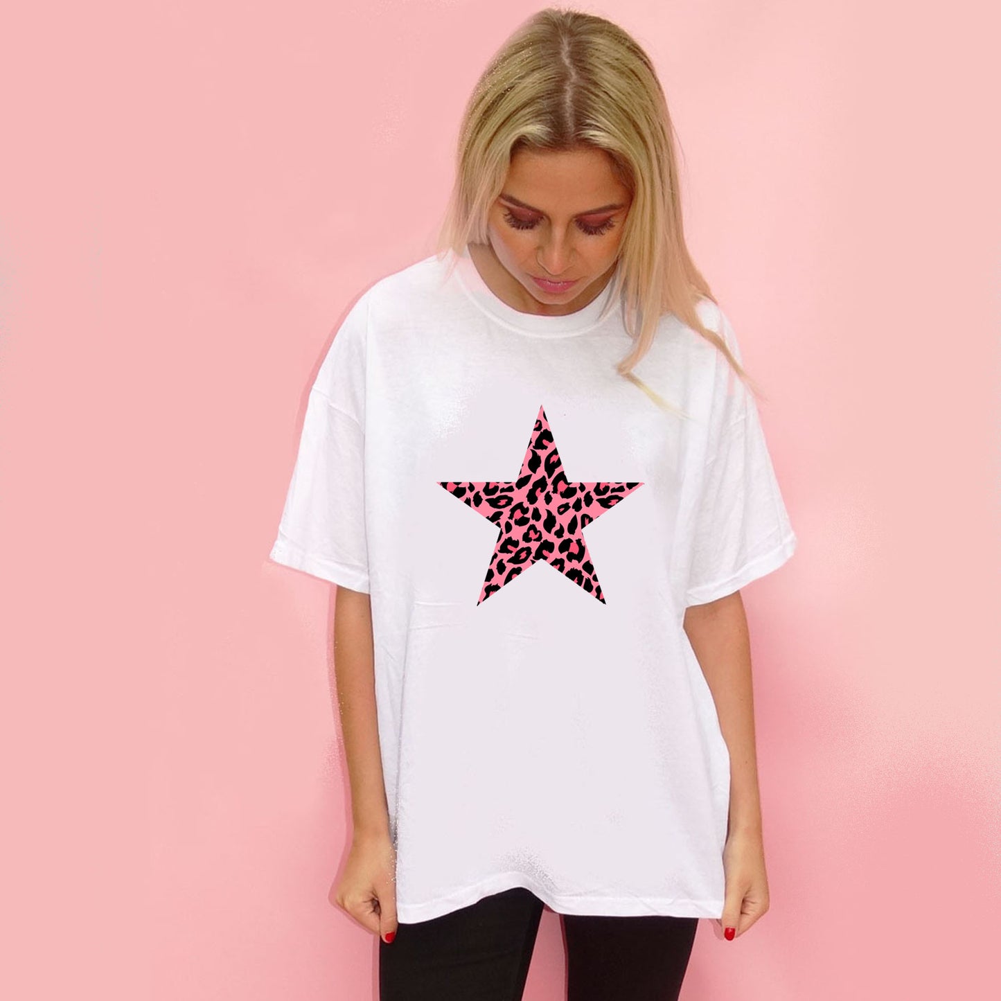 Pink Leopard Print Star Tshirt In White