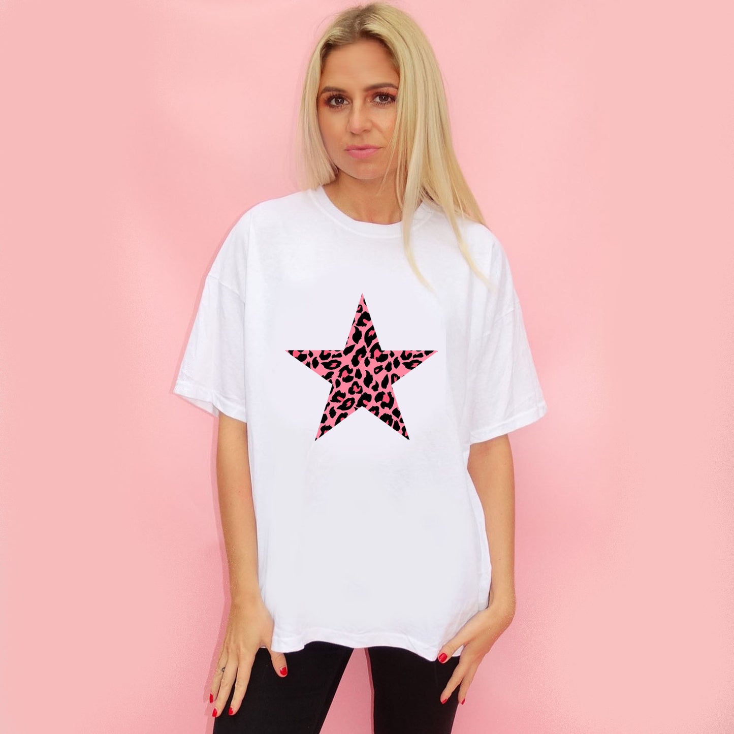 Pink Leopard Print Star Tshirt In White