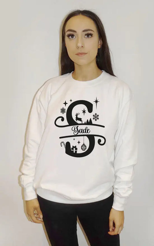 Personalised Christmas Name Black Print Jumper In White
