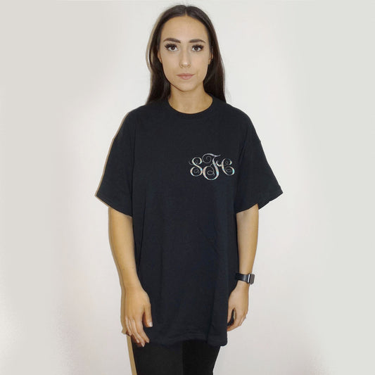 Personalised Monogram Initial Outline Silver Foil Tshirt Top In Black