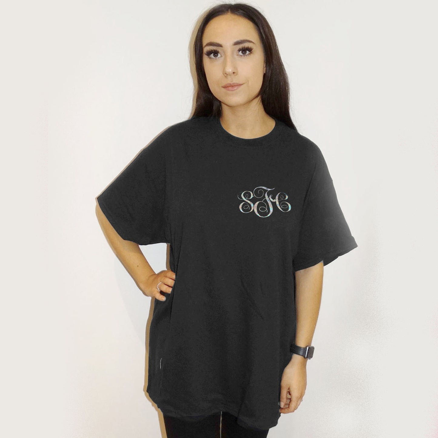 Personalised Monogram Initial Outline Silver Foil Tshirt Top In Black