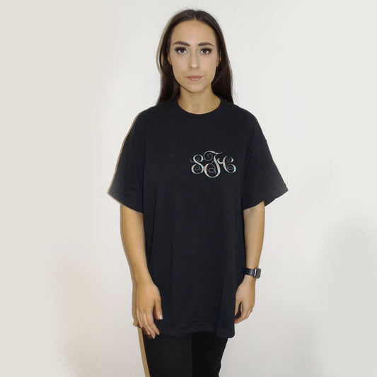 Personalised Monogram Initial Outline Silver Foil Tshirt Top In Black