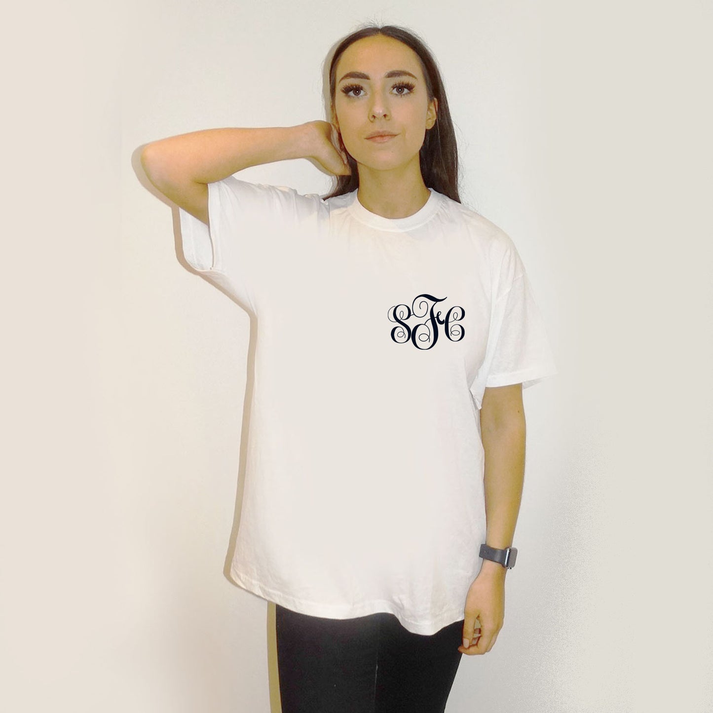 Personalised Monogram Initial Black Outline Tshirt Top In White