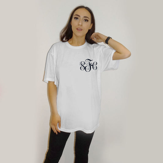 Personalised Monogram Initial Black Outline Tshirt Top In White