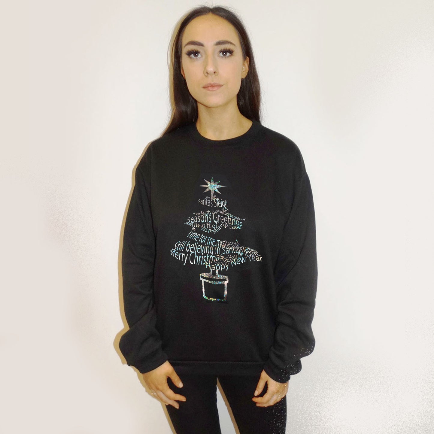 Glitter Christmas Tree Print Jumper In Black