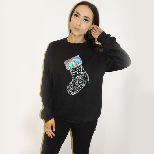 Glitter Stocking Print Jumper In Black