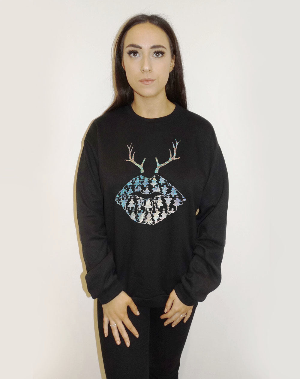 Christmas Tree Reindeer Lip Print Jumper In Black