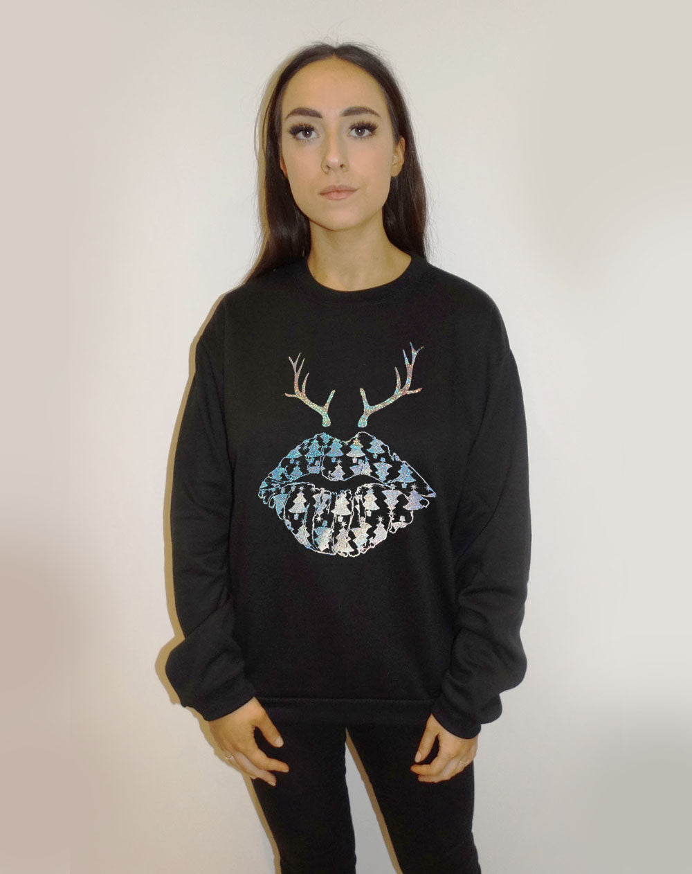 Christmas Tree Reindeer Lip Print Jumper In Black