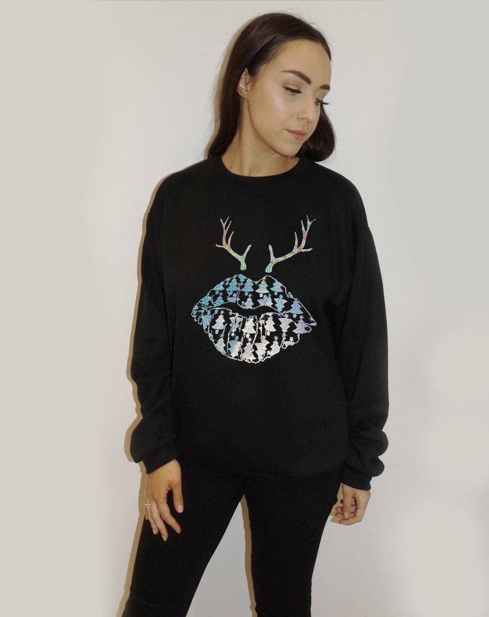 Christmas Tree Reindeer Lip Print Jumper In Black