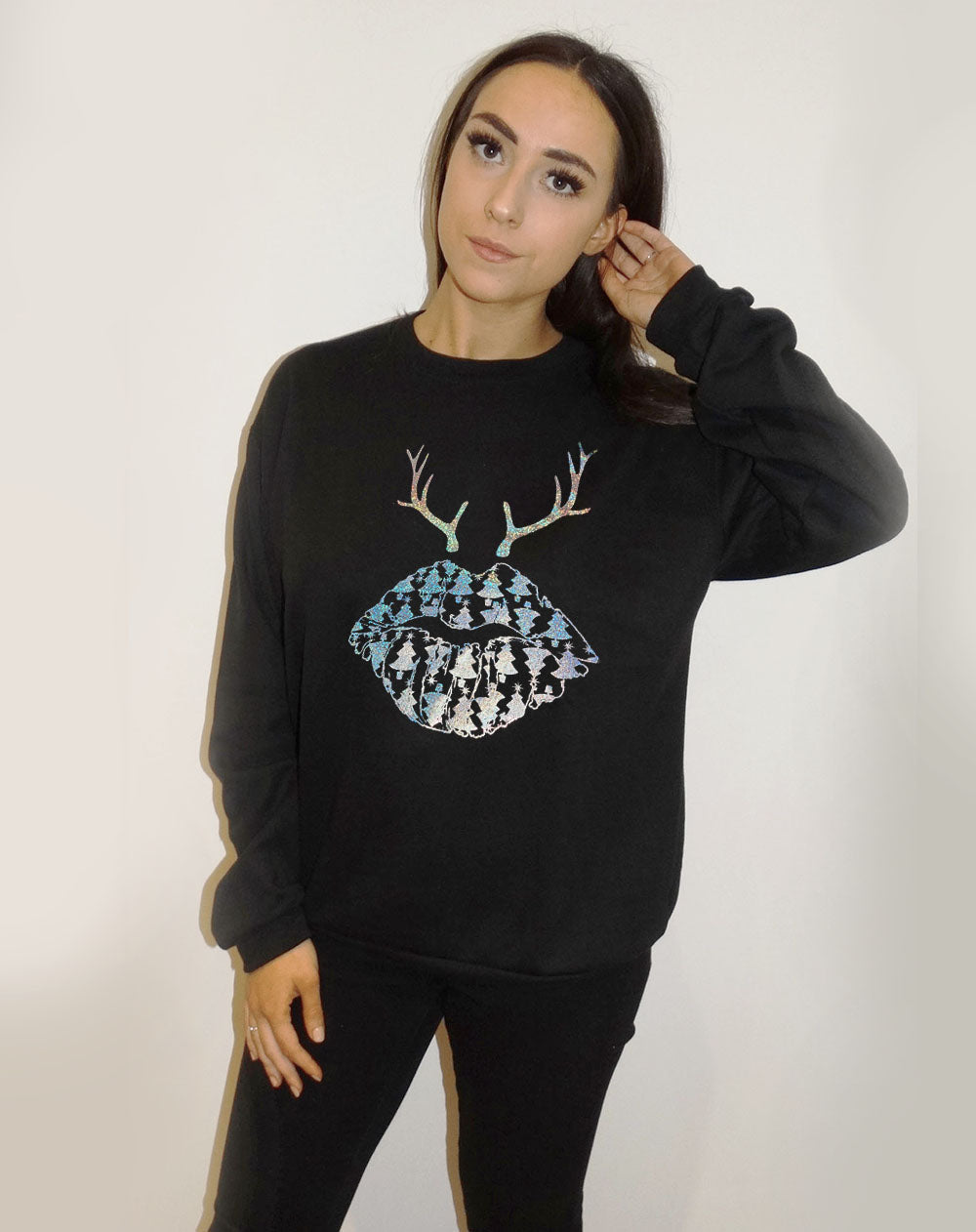 Christmas Tree Reindeer Lip Print Jumper In Black