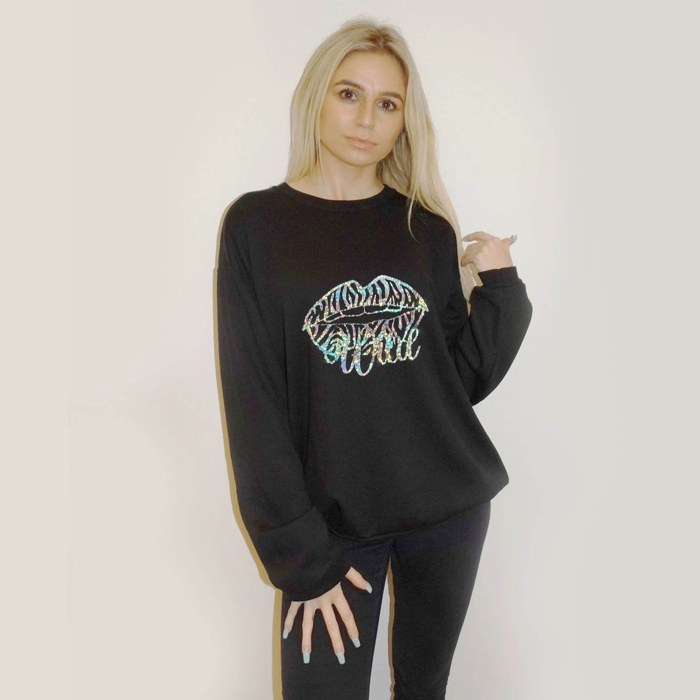 Wild Zebra Silver Glitter Print Lip Jumper In Black