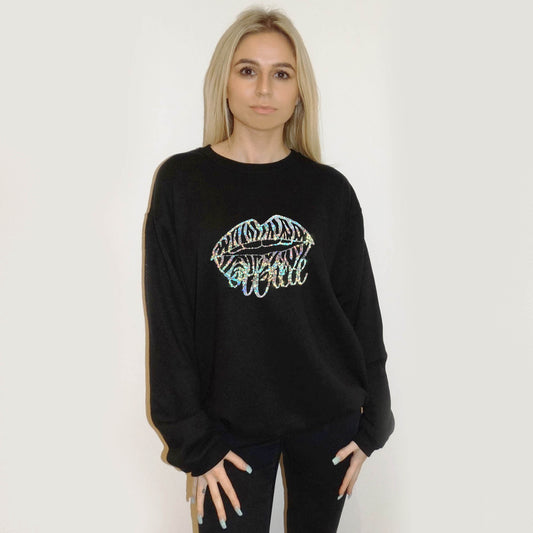 Wild Zebra Silver Glitter Print Lip Jumper In Black