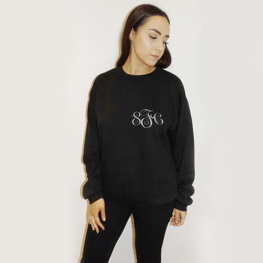 Personalised Initial Monogram Holographic Silver Print Jumper In Black