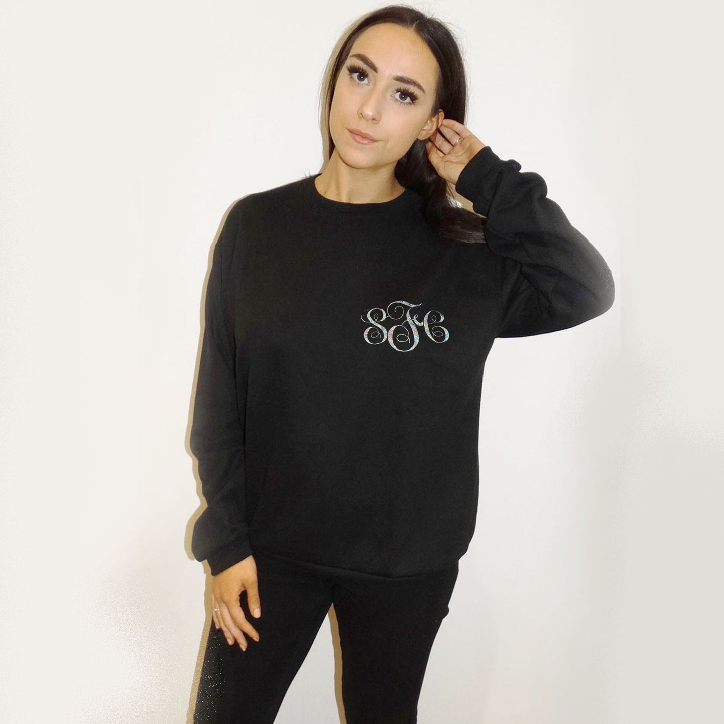 Personalised Initial Monogram Holographic Silver Print Jumper In Black