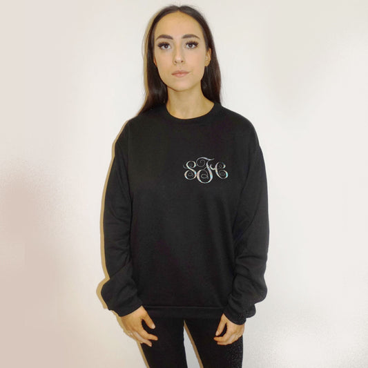 Personalised Initial Monogram Holographic Silver Print Jumper In Black