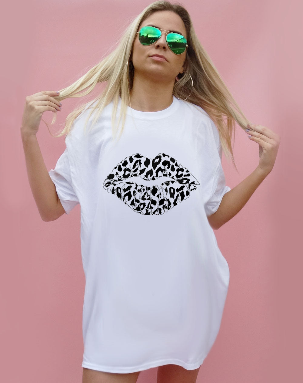 Black and White Leopard Lip Motif Oversize Tshirt Dress