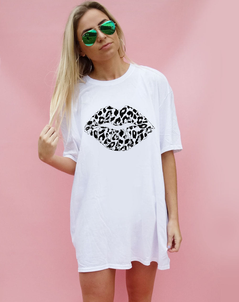 Black and White Leopard Lip Motif Oversize Tshirt Dress