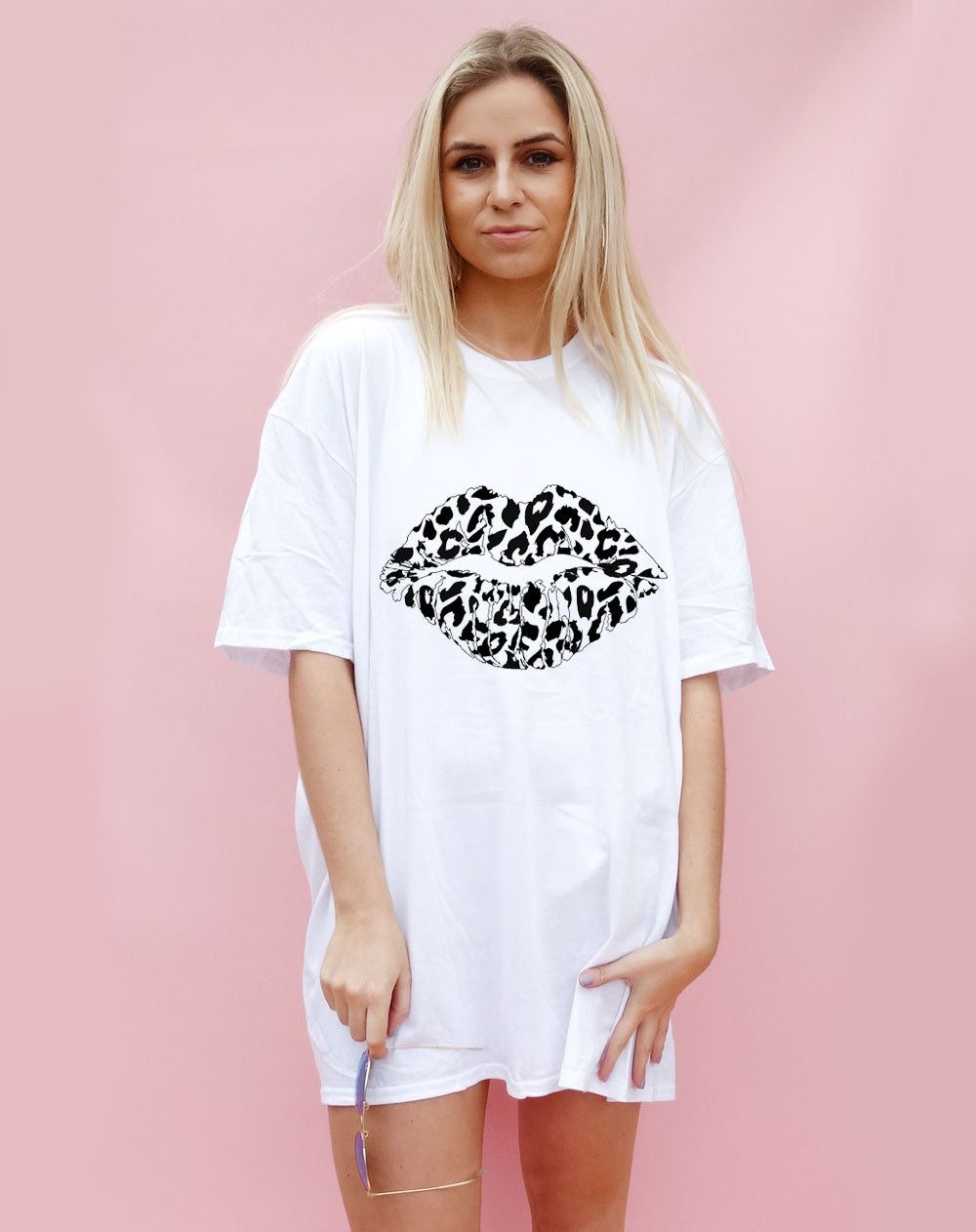 Black and White Leopard Lip Motif Oversize Tshirt Dress