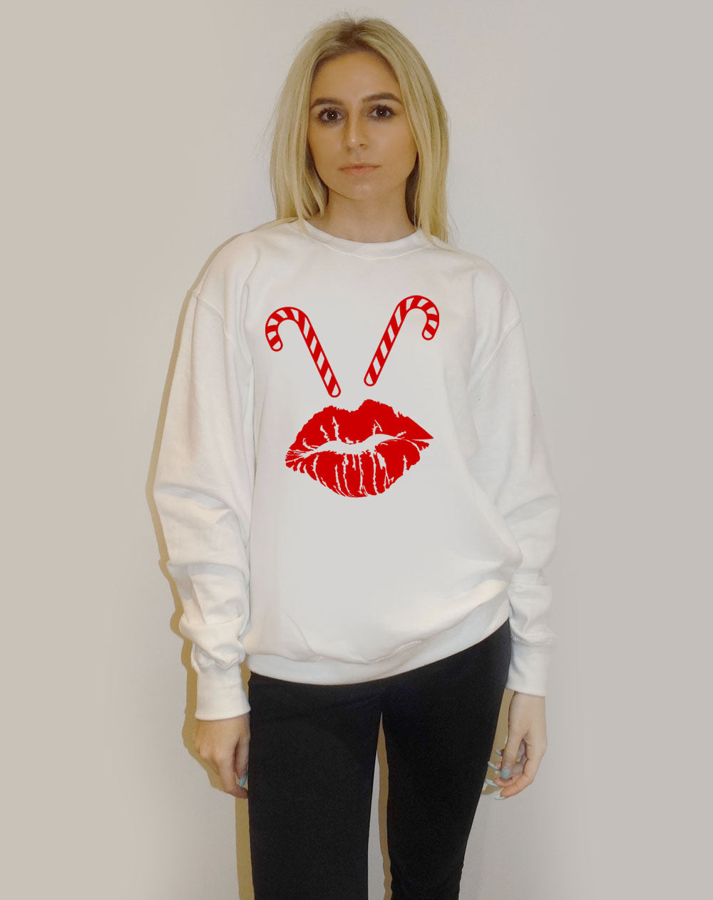 White Christmas Jumper With Candy Cane Lip Print