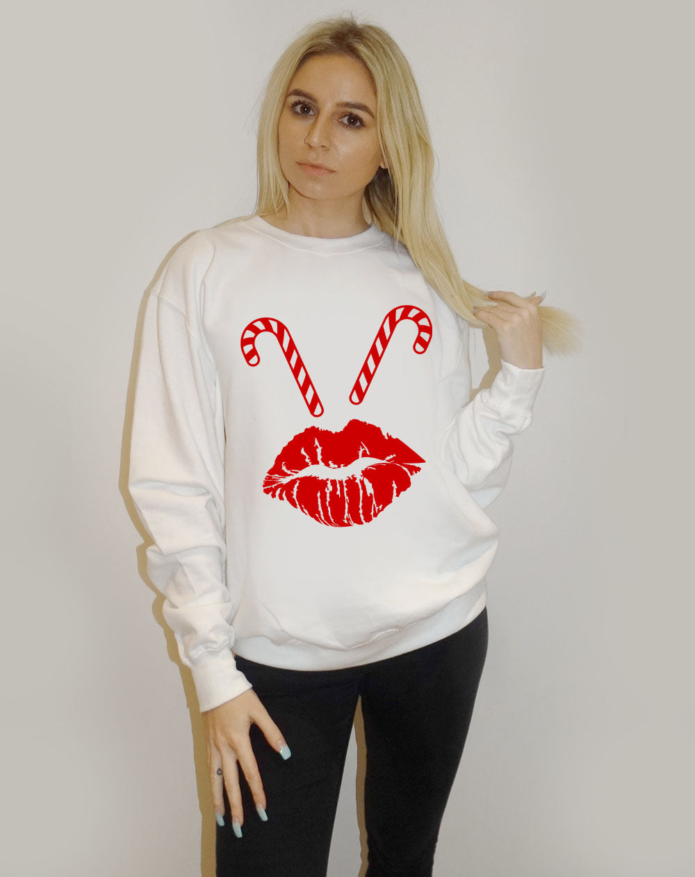 White Christmas Jumper With Candy Cane Lip Print