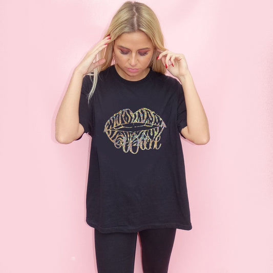 Wild Zebra Gold Glitter Print Lip Tshirt In Black