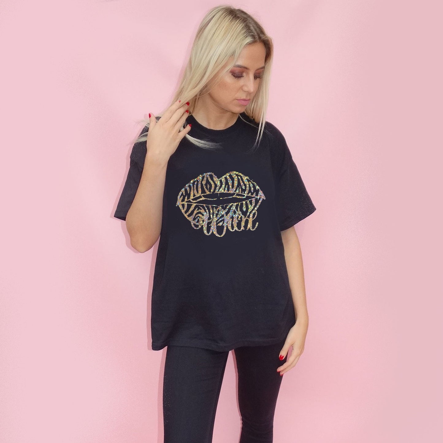 Wild Zebra Gold Glitter Print Lip Tshirt In Black