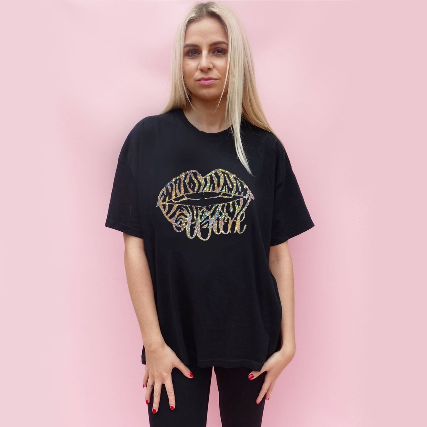 Wild Zebra Gold Glitter Print Lip Tshirt In Black