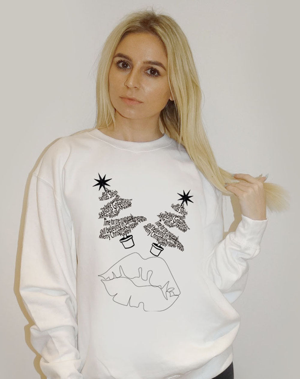 White Christmas Jumper With Xmas Tree Print Text And Lips