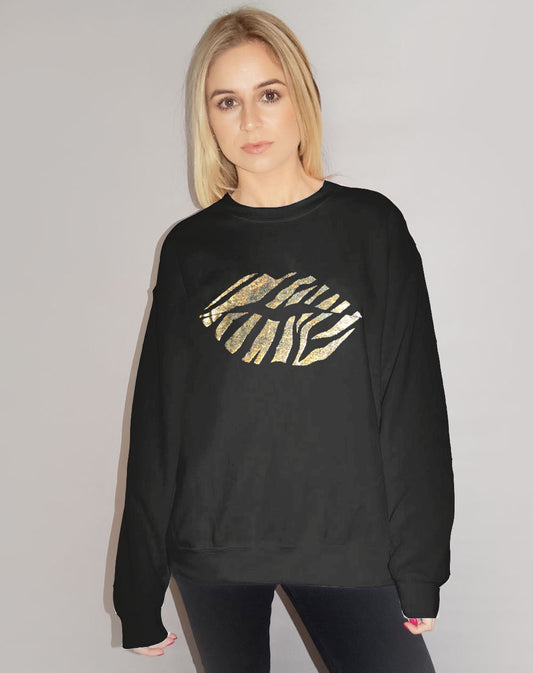 Gold Holographic Zebra Lip Jumper In Black